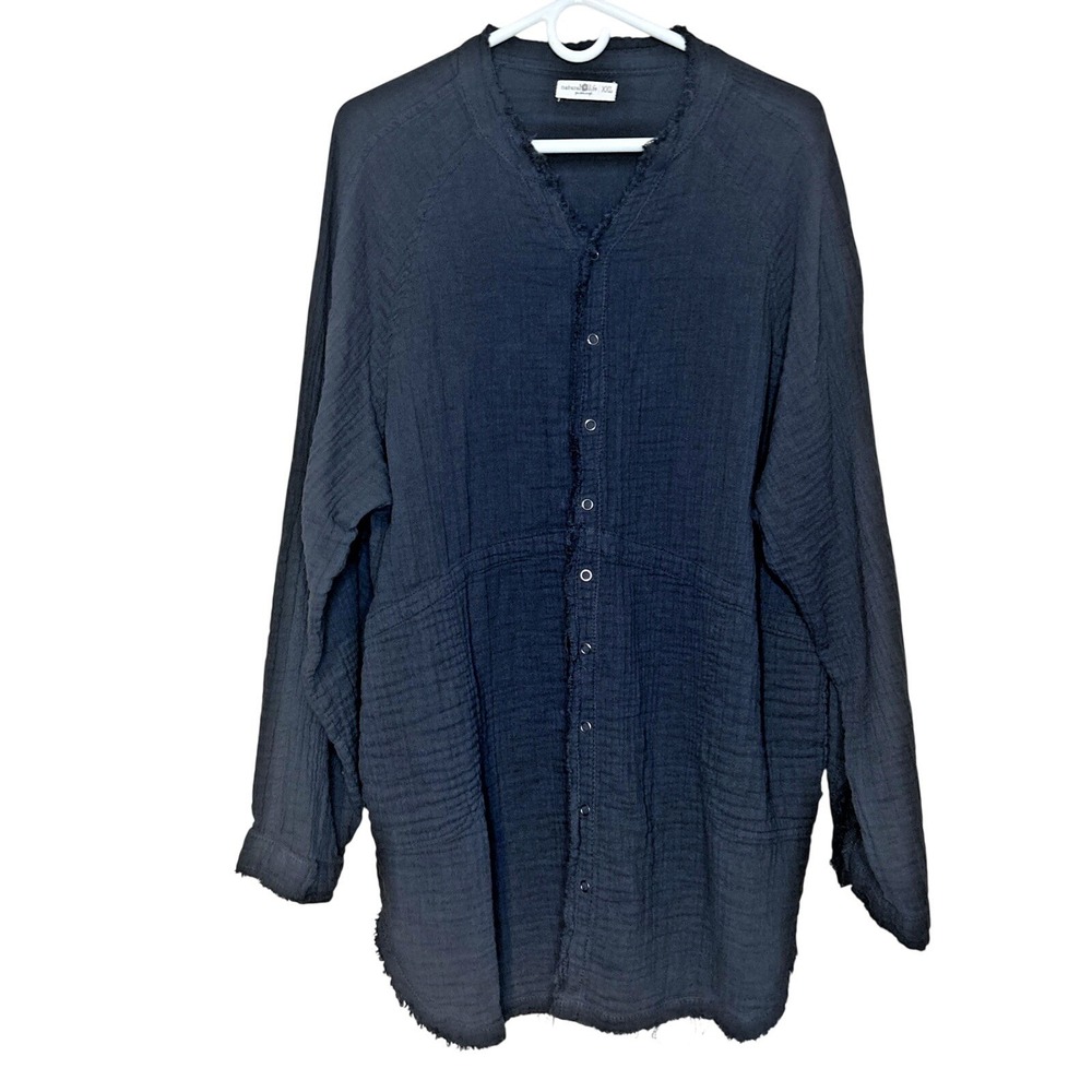 Natural Life Laid Back Tunic Top Gauzy Lagenlook Boho Snap Front Black XXL